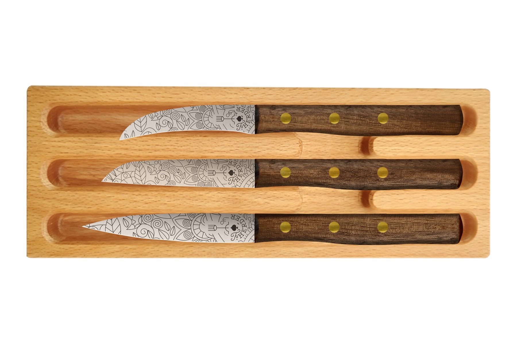SET.0003.RF.WALNUT.MOSAIK Messerset 3-teilig Walnuss "Zöppken Style"